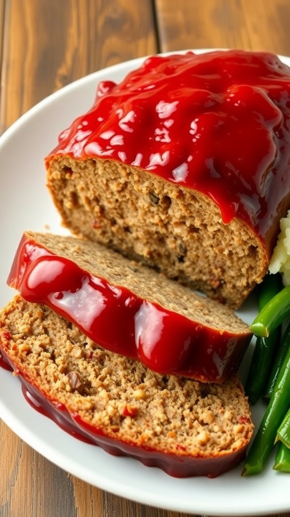 Classic Easy Meatloaf Recipe Sliced meatloaf with ketchup glaze on a plate, served with mashed potatoes and green beans.